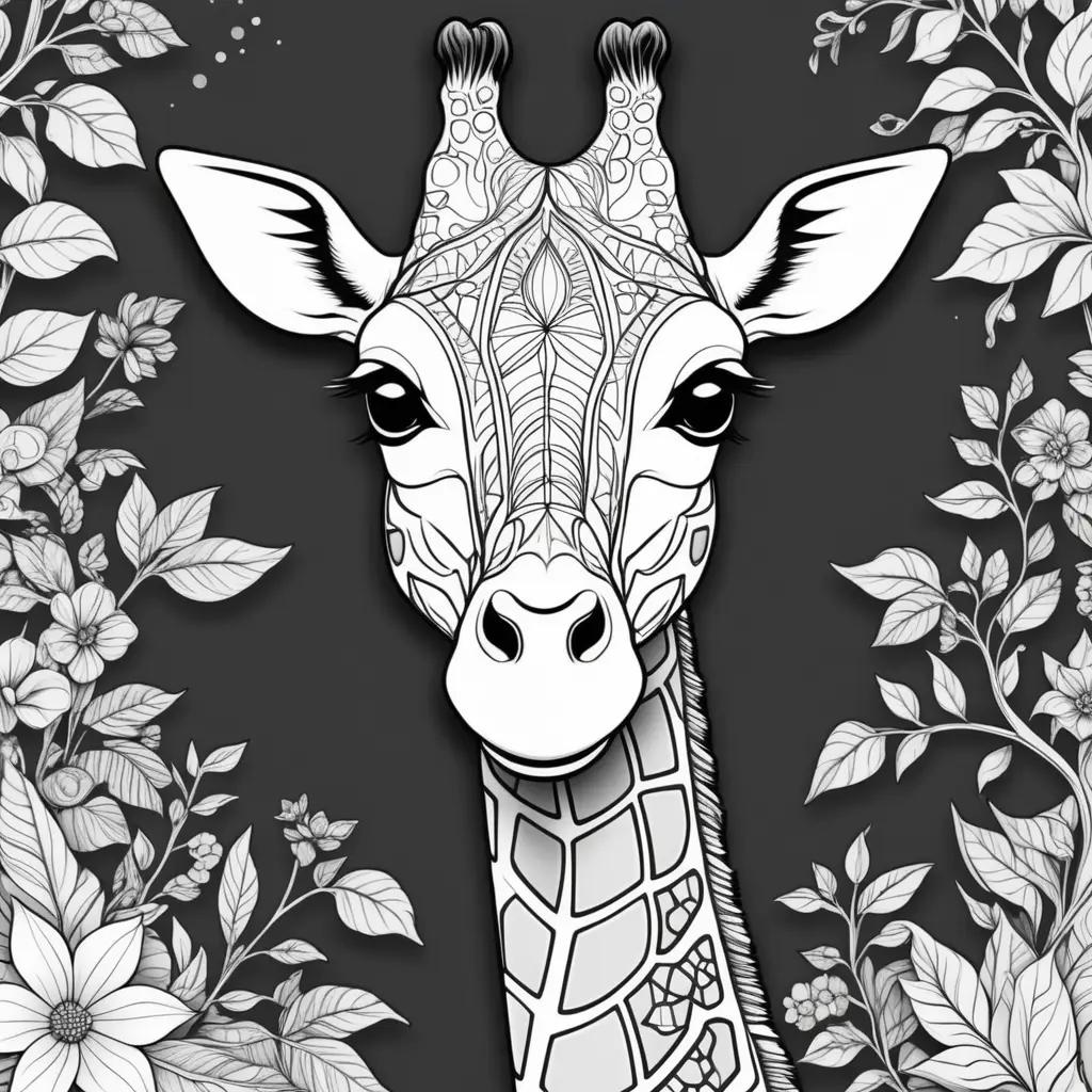 black and white giraffe coloring page with flowers around it