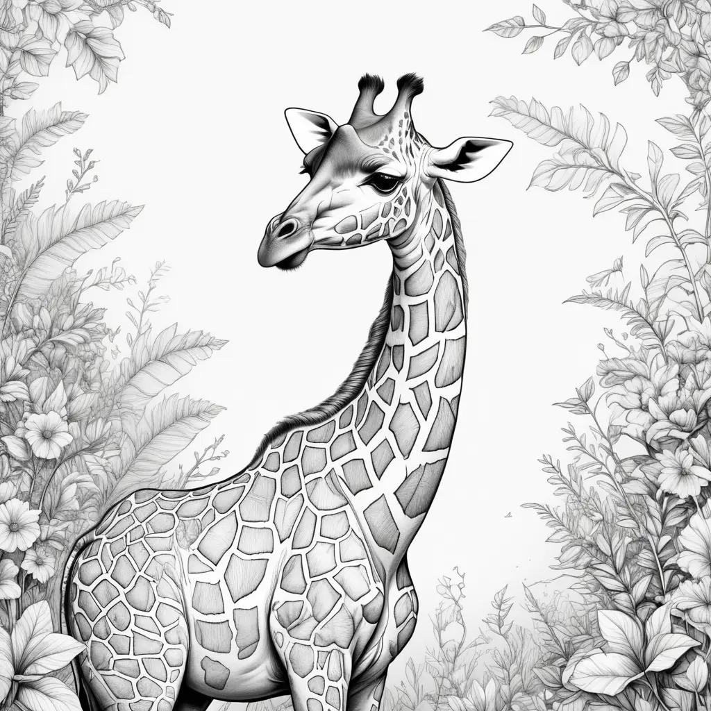 black and white giraffe in a floral background