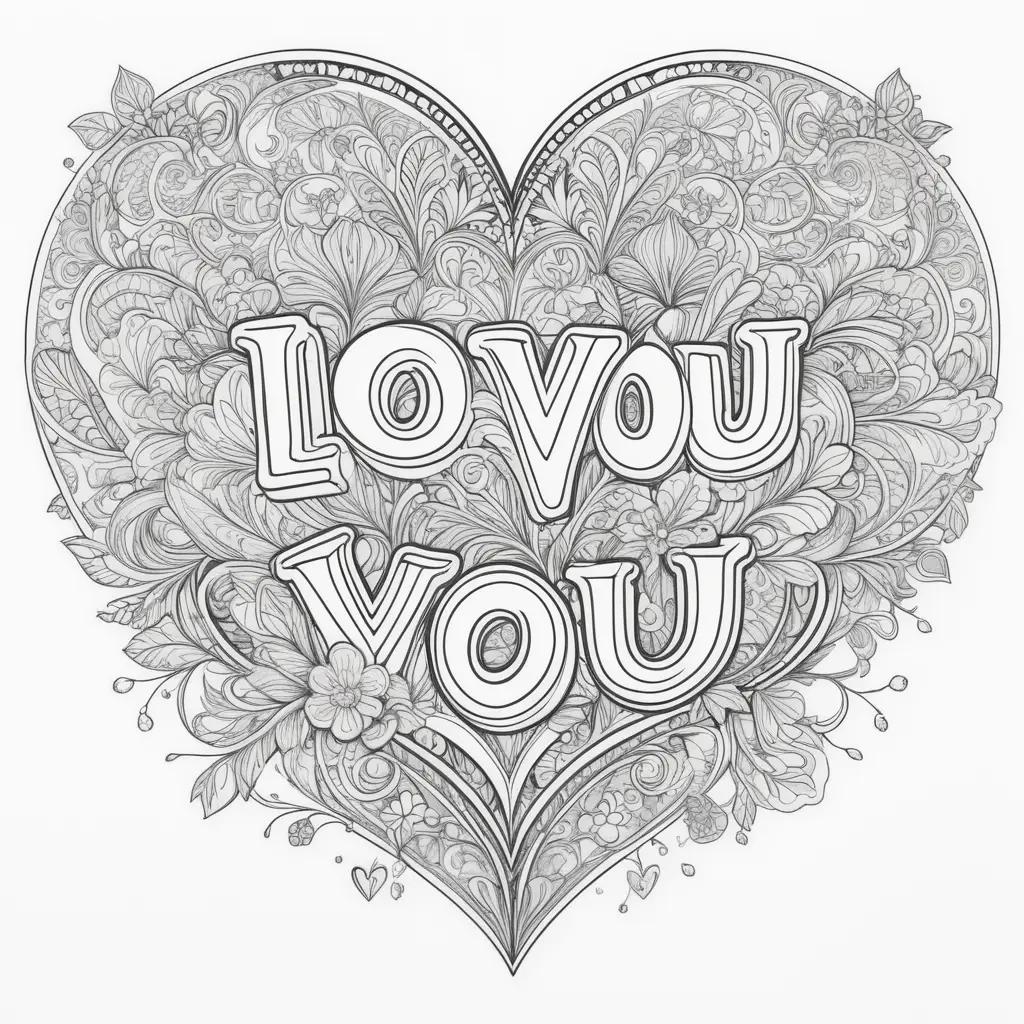 black and white heart coloring page with I love you on it