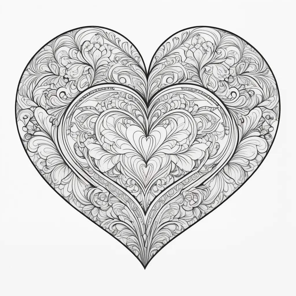 black and white heart coloring page with intricate details