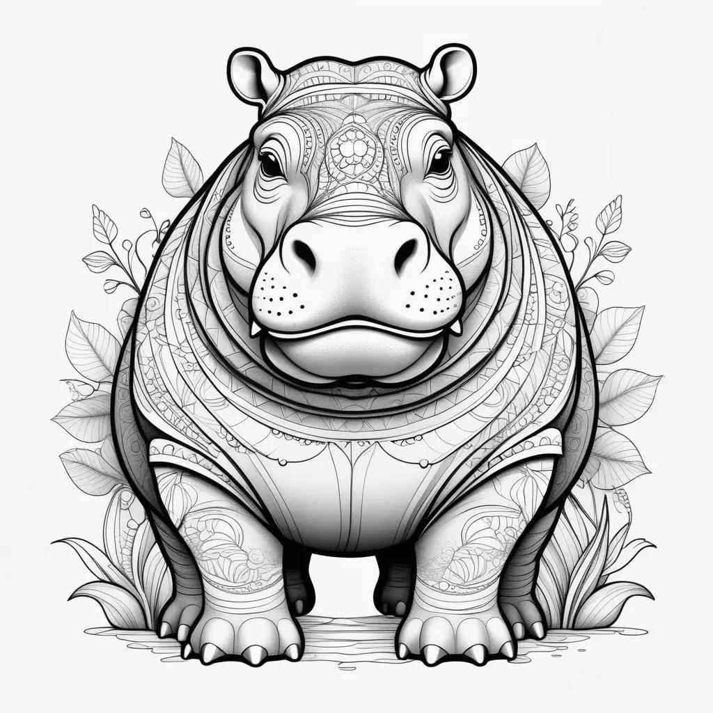 black and white hippo coloring page with intricate designs