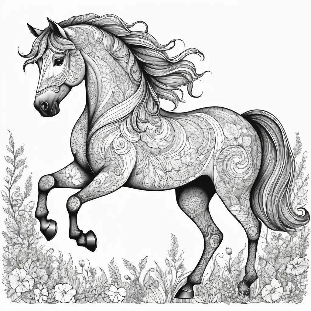 black and white horse coloring page with a flower and vine design