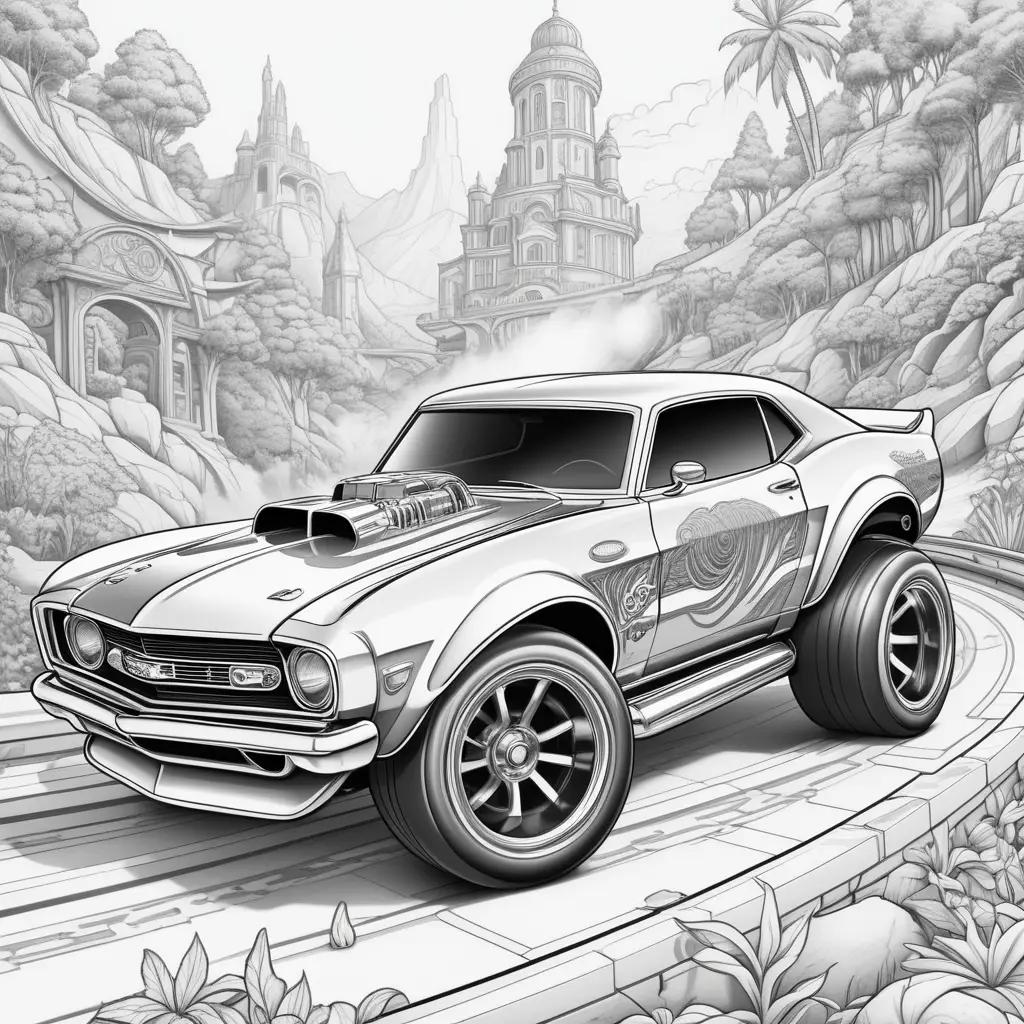 black and white hot wheels coloring page features a car with a dragon