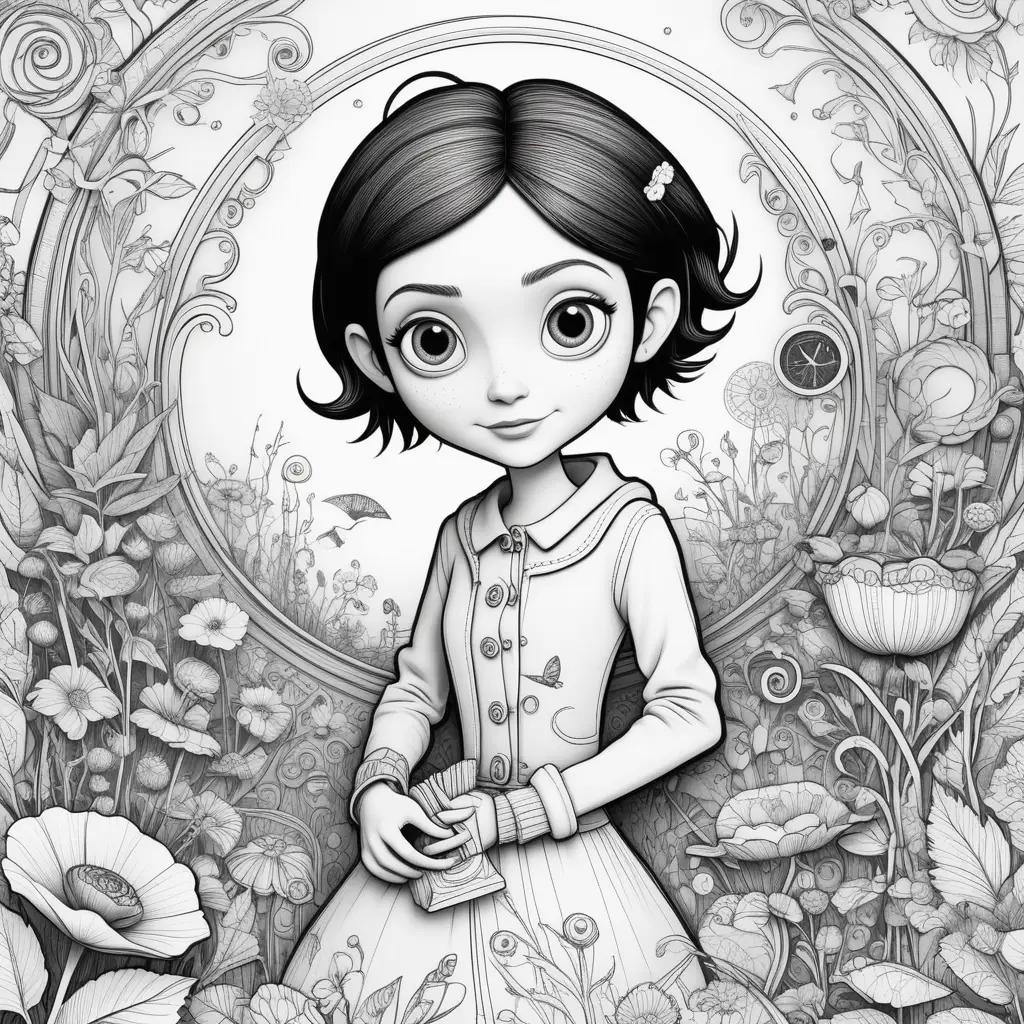 black and white illustration of Coraline coloring pages