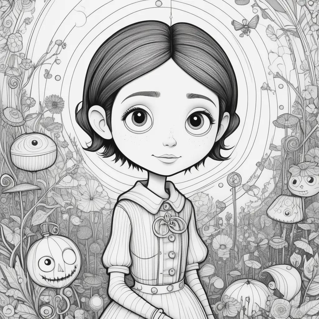 black and white illustration of Coraline