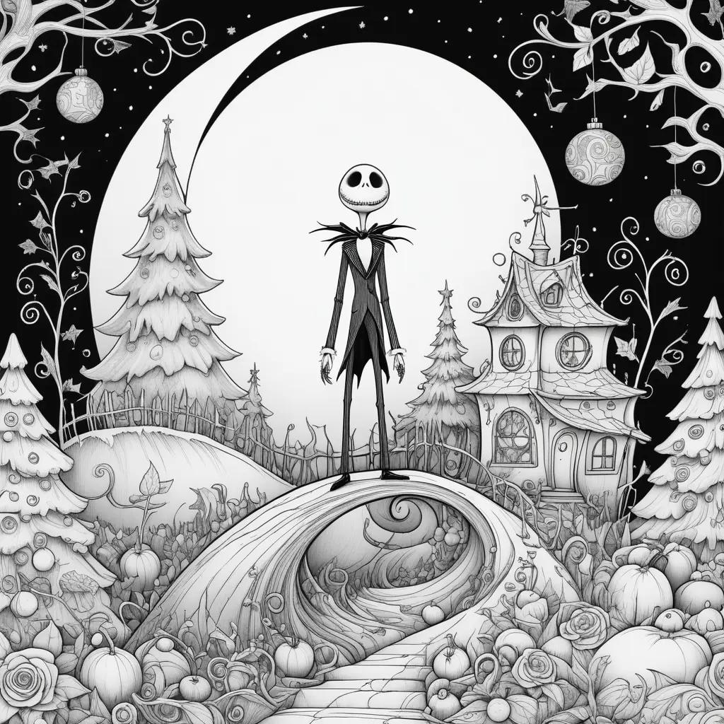 black and white illustration of Jack Skellington in a night scene