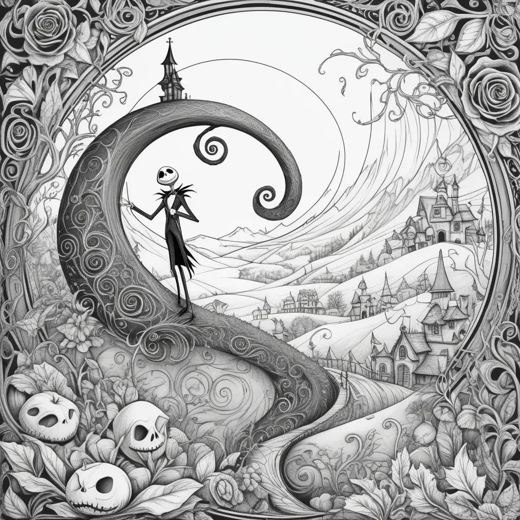 black and white illustration of Jack Skellington in a surreal landscape