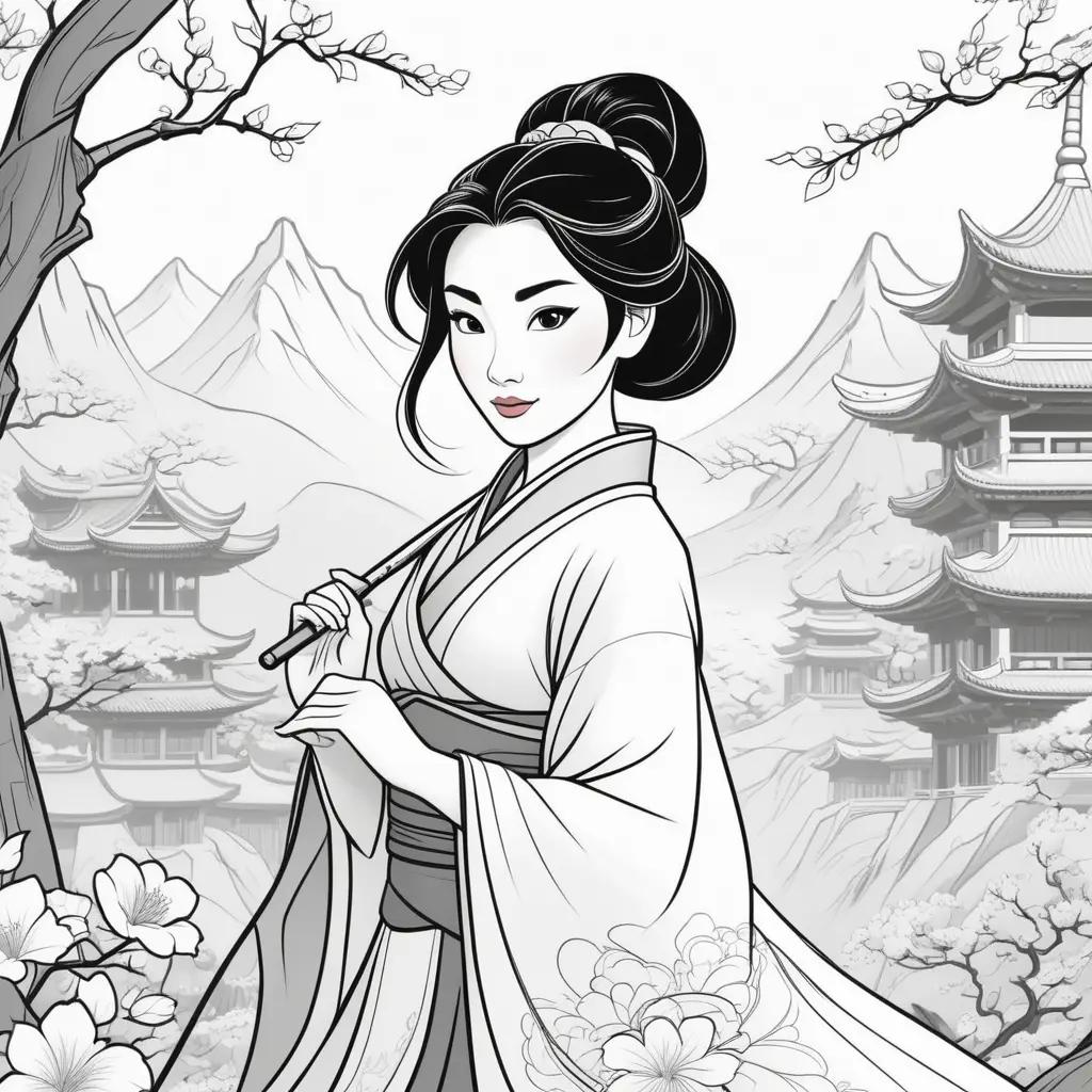 black and white illustration of Mulan