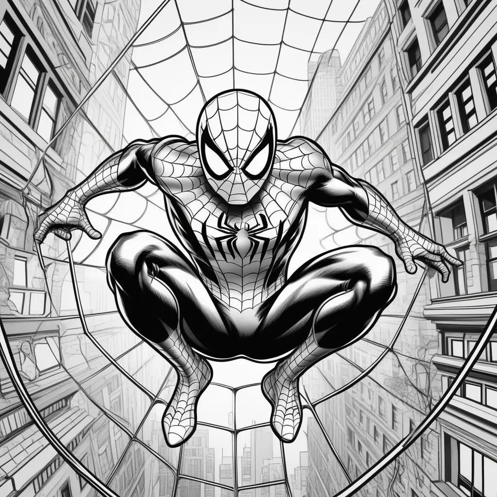 black and white illustration of Spiderman in a web