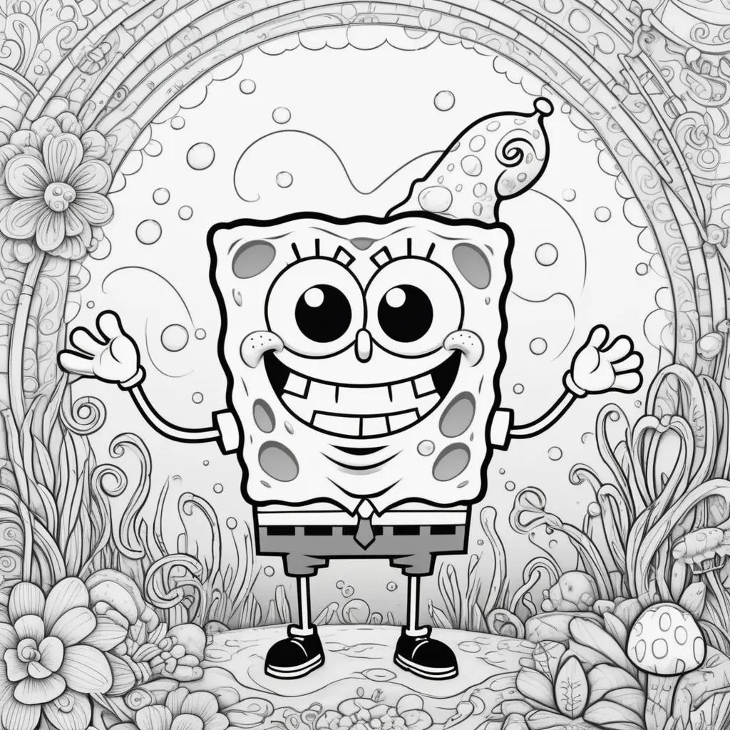 black and white illustration of SpongeBob smiling