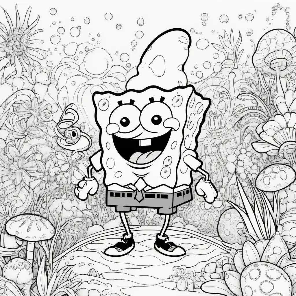 black and white illustration of Spongebob in a colorful setting