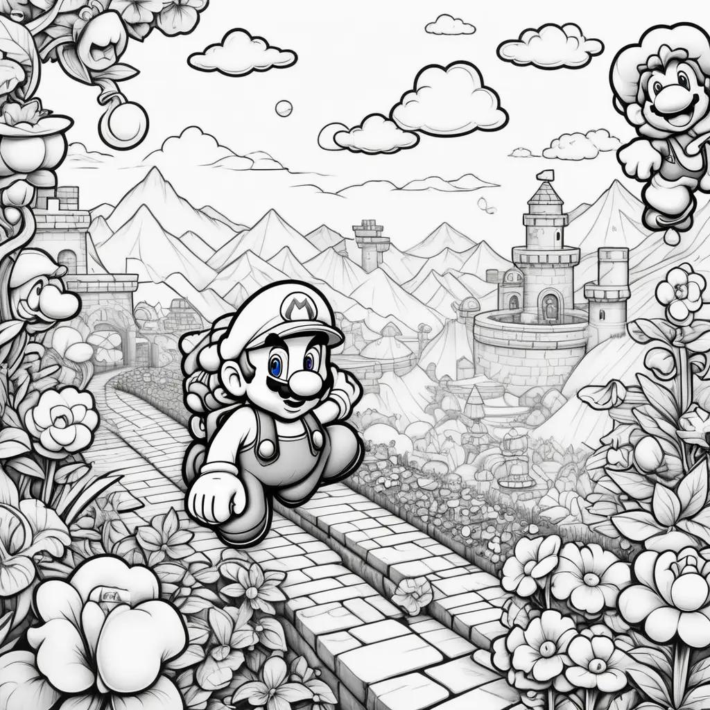 black and white illustration of Super Mario coloring pages