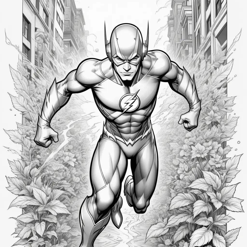 black and white illustration of The Flash running through a cityscape