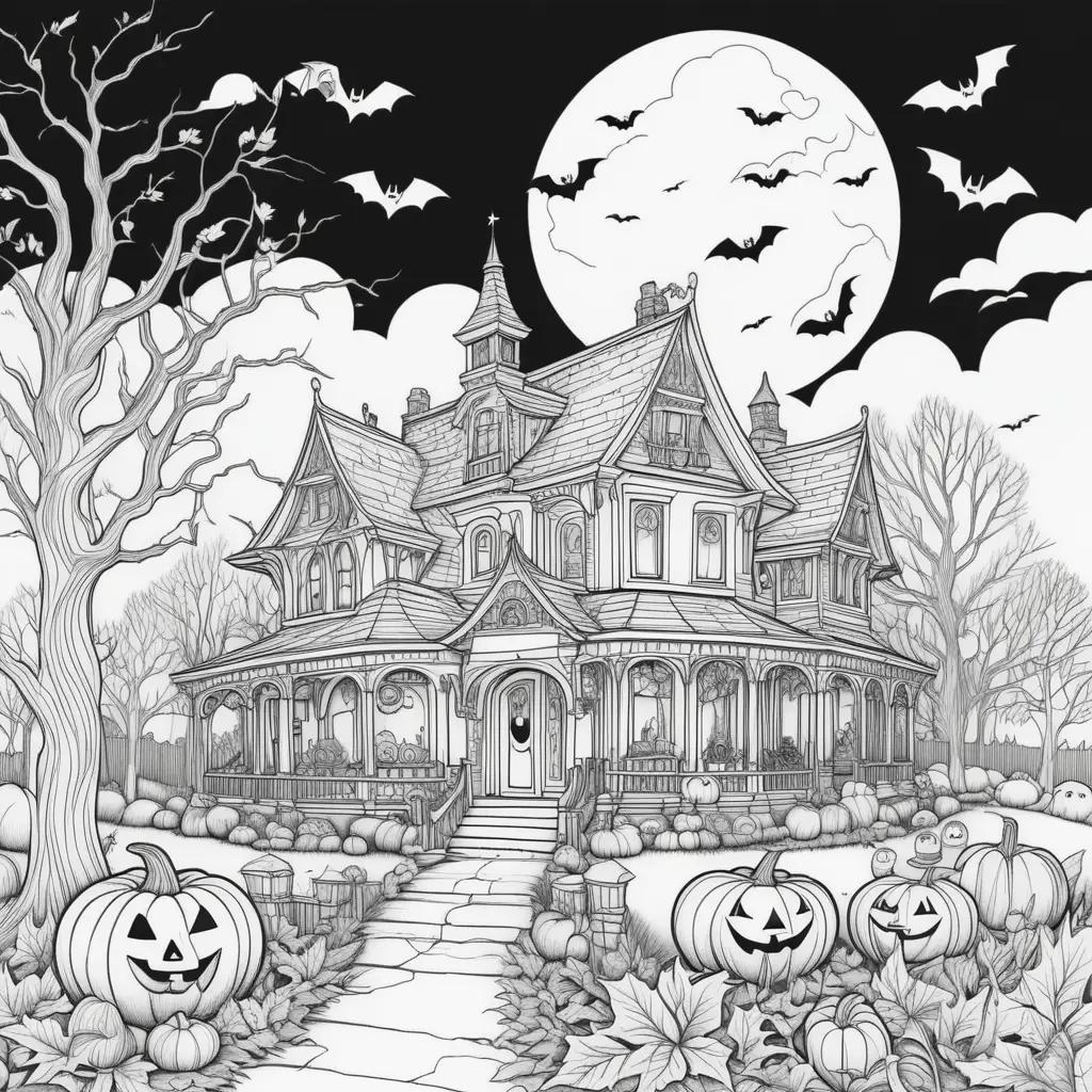 black and white illustration of a Halloween-themed house and pumpkins