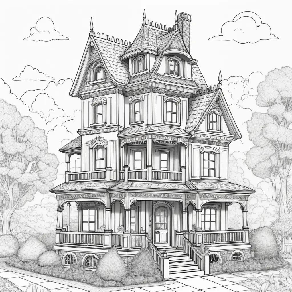 black and white illustration of a Victorian dollhouse