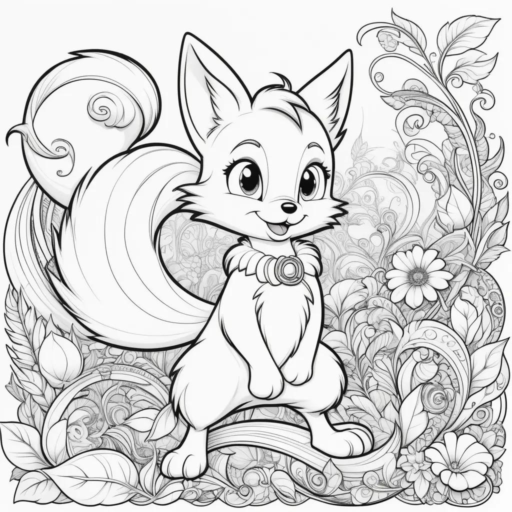 black and white illustration of a cartoon cat with colorful tails