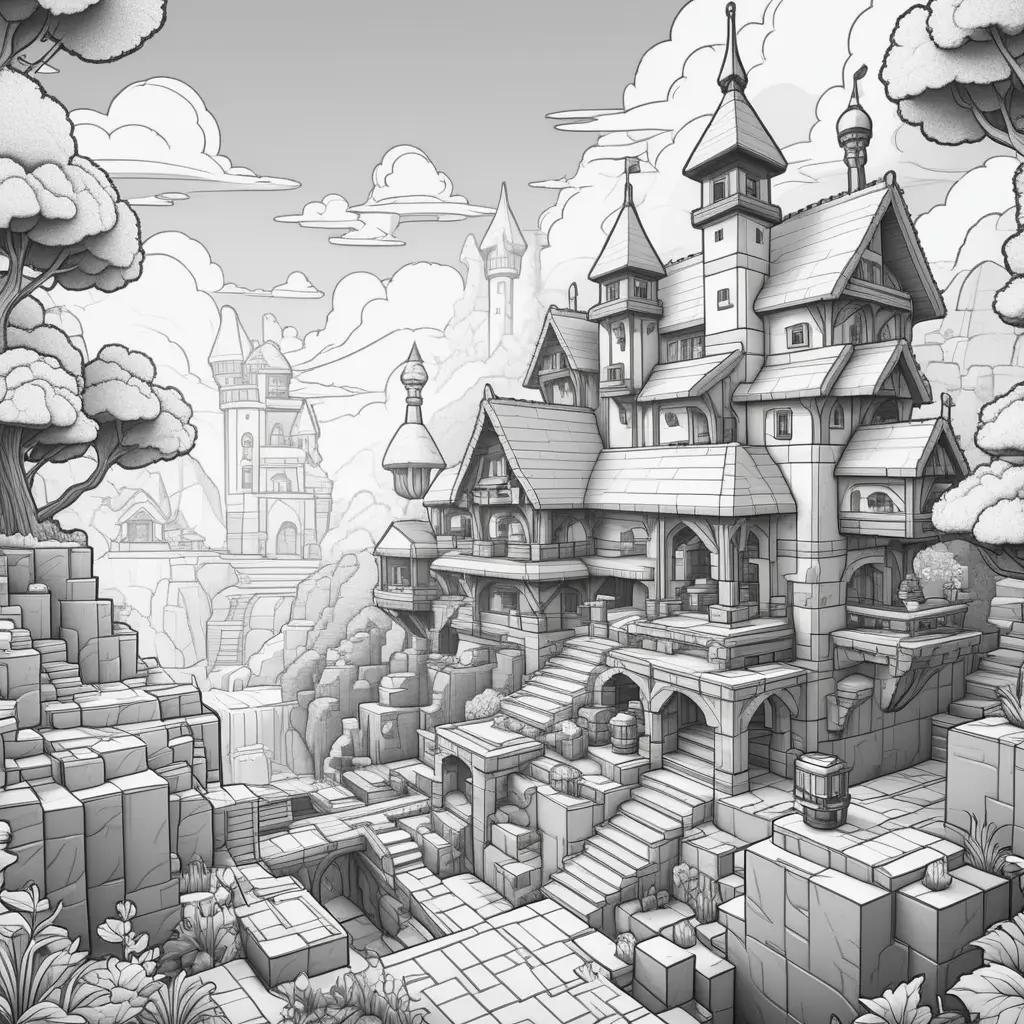 Minecraftの世界の城の白黒イラスト