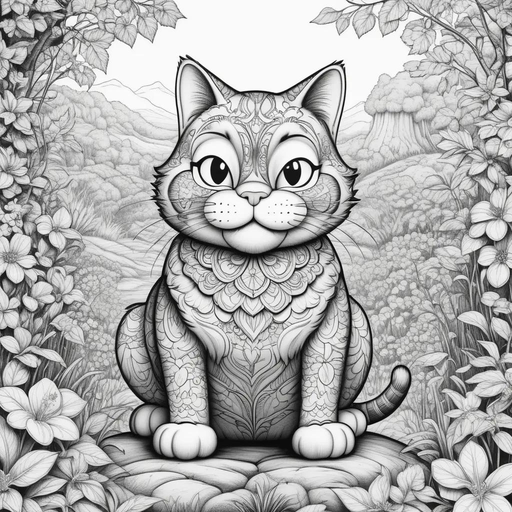 black and white illustration of a cat in a garden