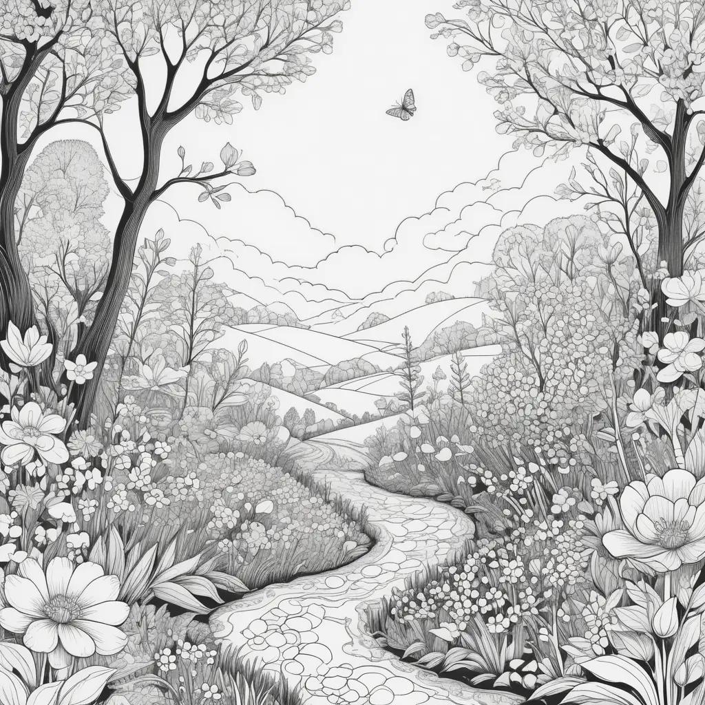 black and white illustration of a colorful spring landscape