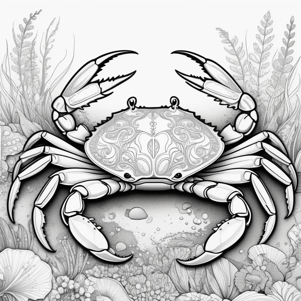 black and white illustration of a crab on a color page