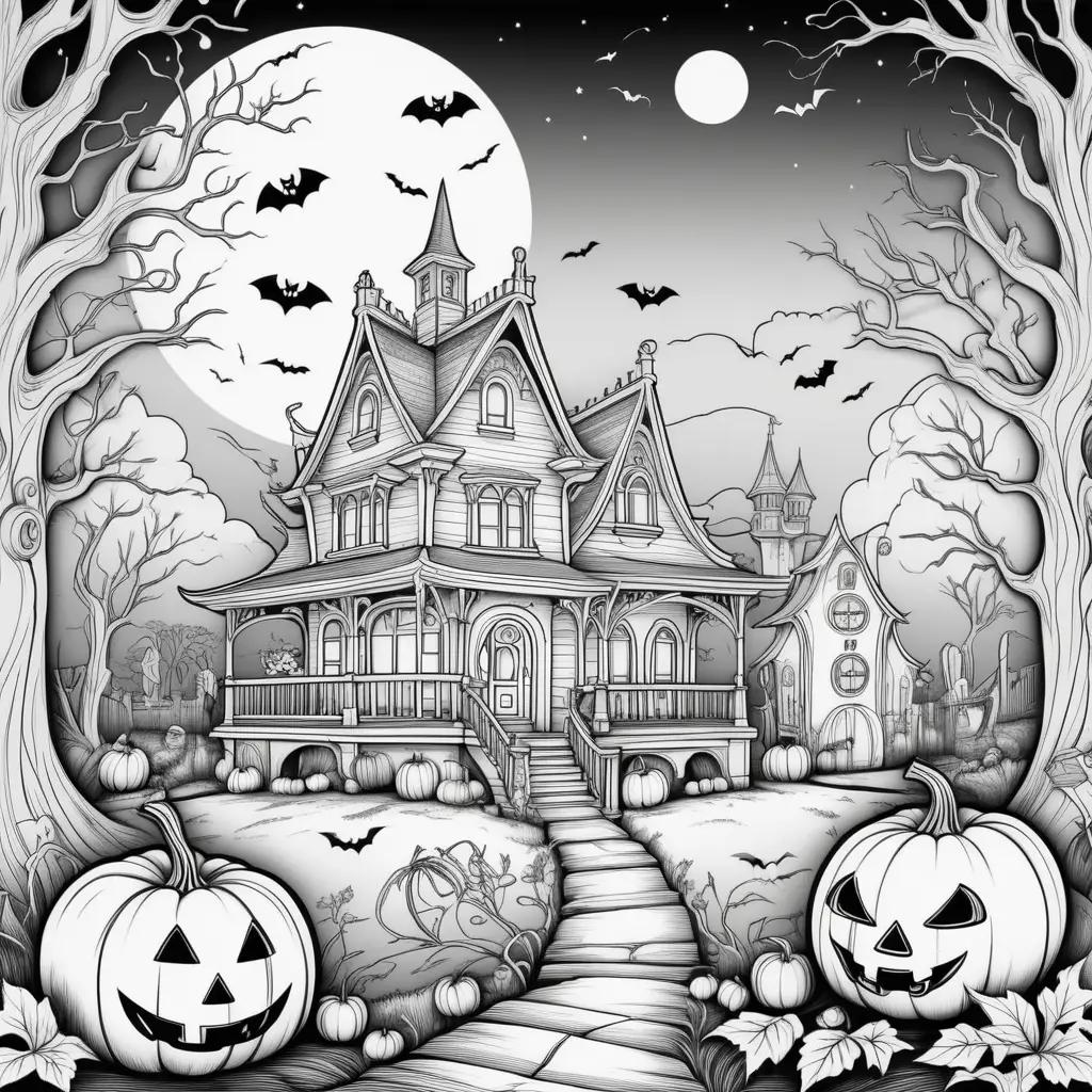 black and white illustration of a cute Halloween scene