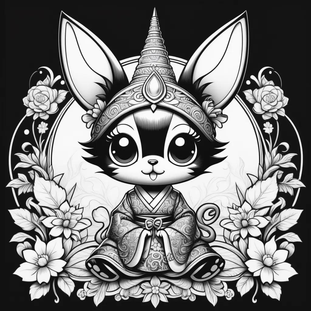 black and white illustration of a cute kuromi character with a flower crown