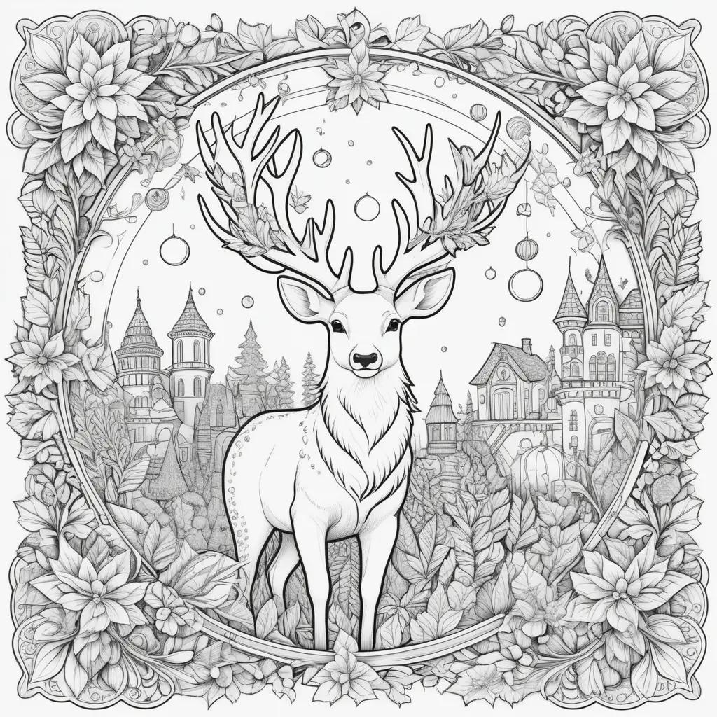 black and white illustration of a deer with Christmas ornaments around it