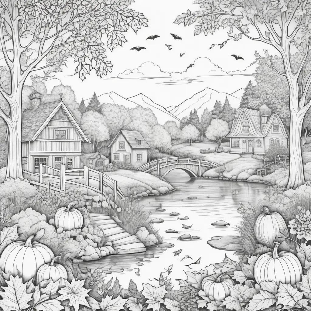 black and white illustration of a fall scene