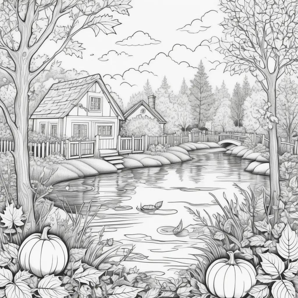 black and white illustration of a fall scene with a house and pond