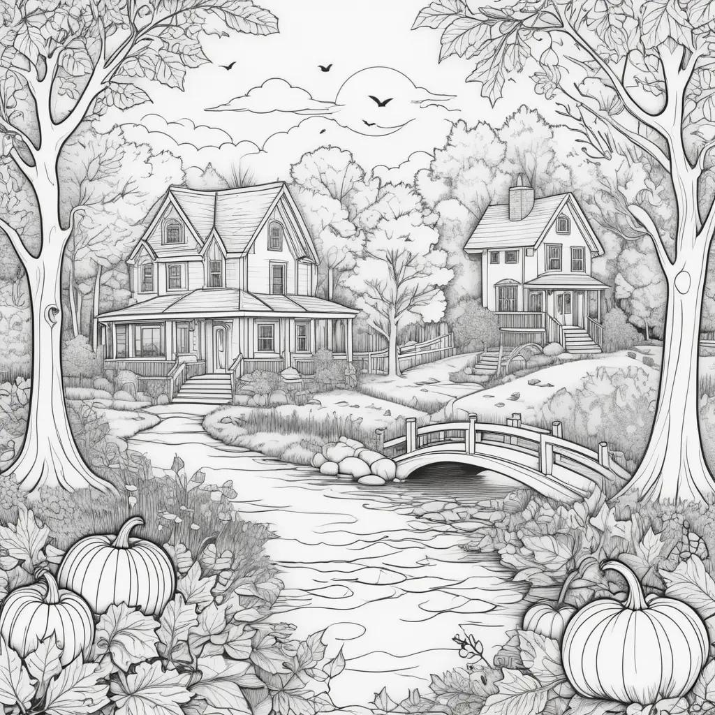 black and white illustration of a fall scene with pumpkins