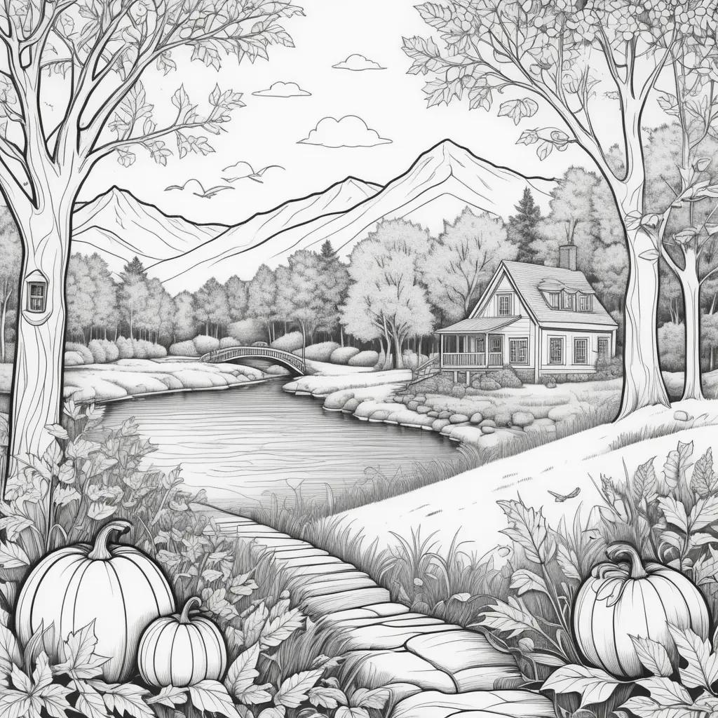 black and white illustration of a fall scene with pumpkins