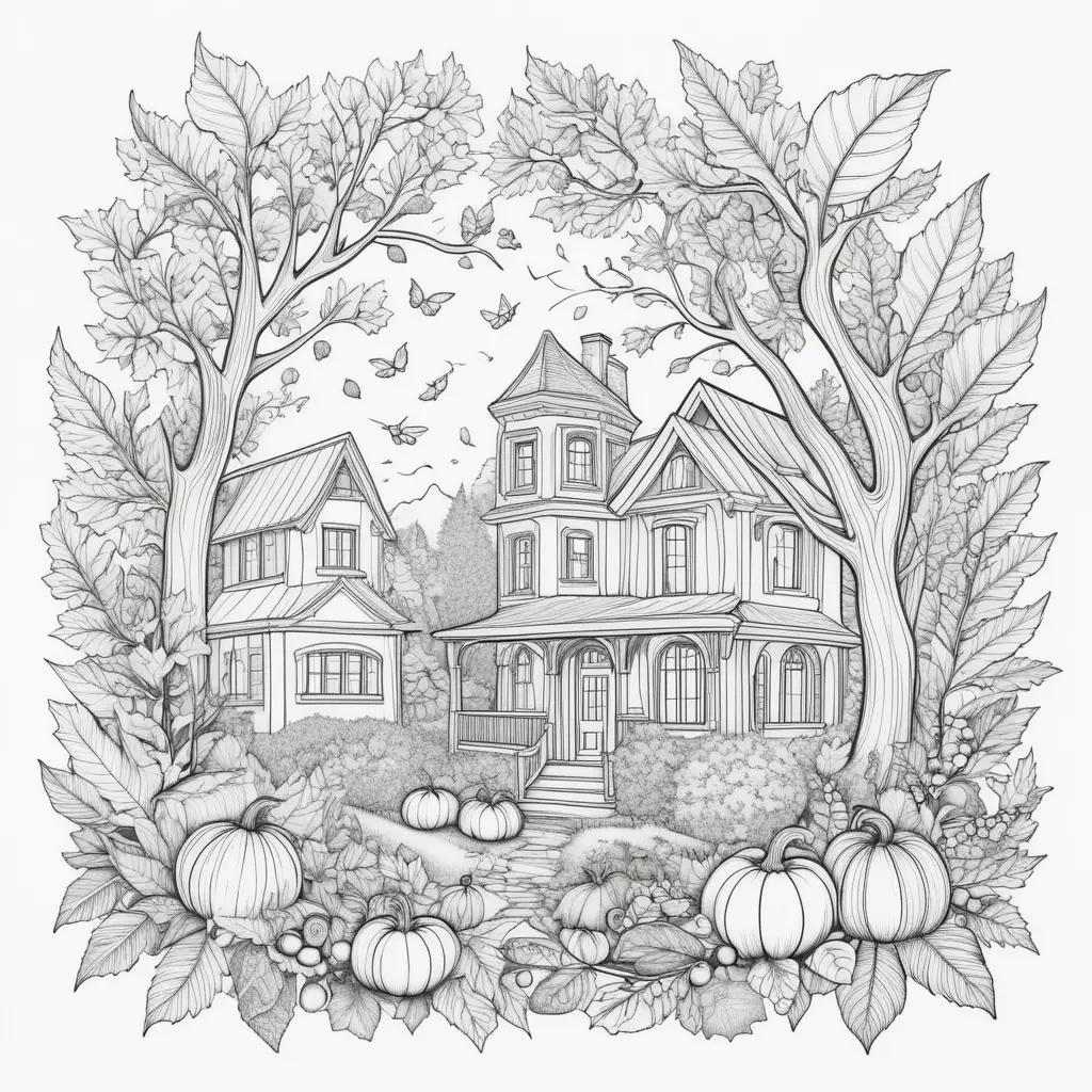 black and white illustration of a fall scene with trees, pumpkins, and leaves