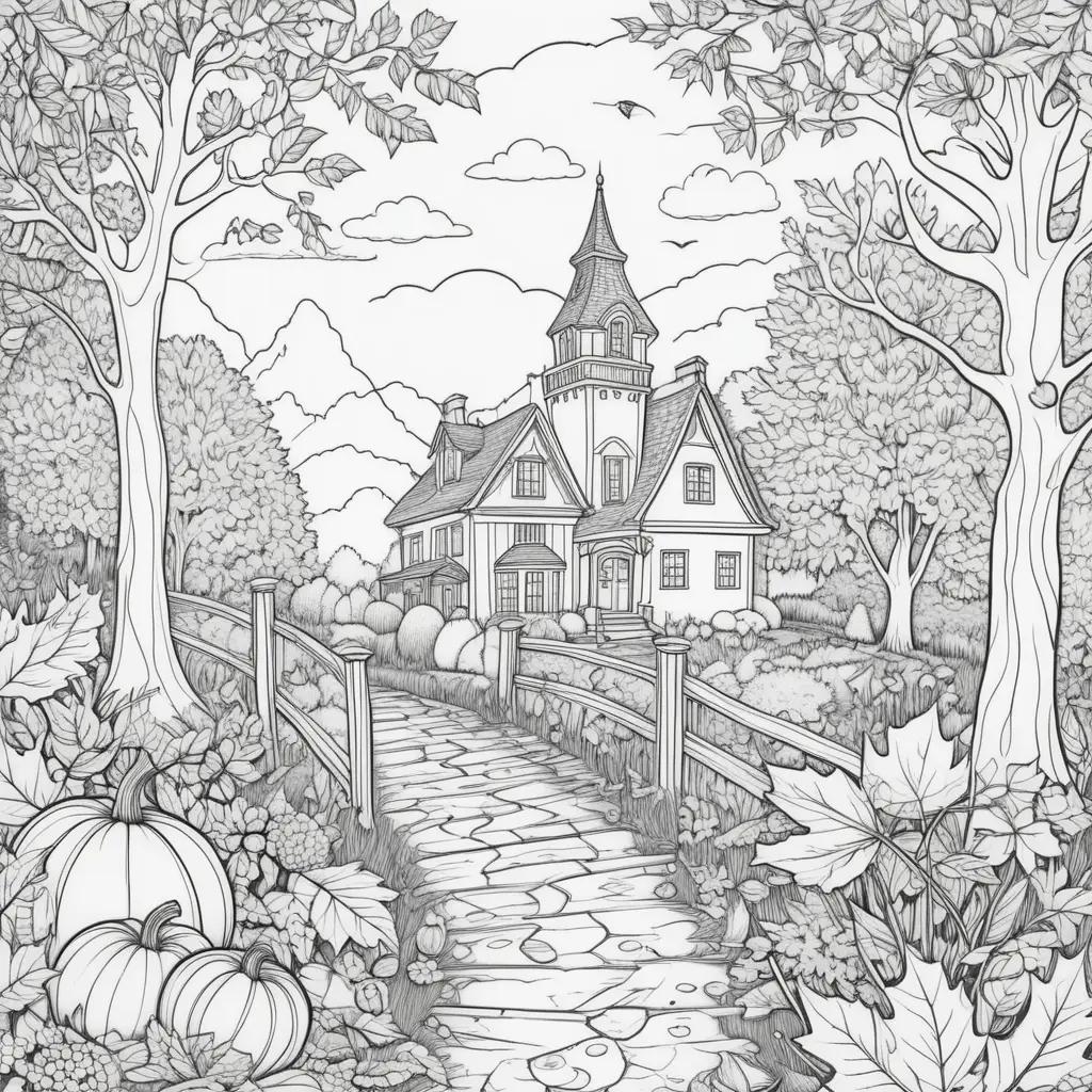 black and white illustration of a fall-themed coloring page