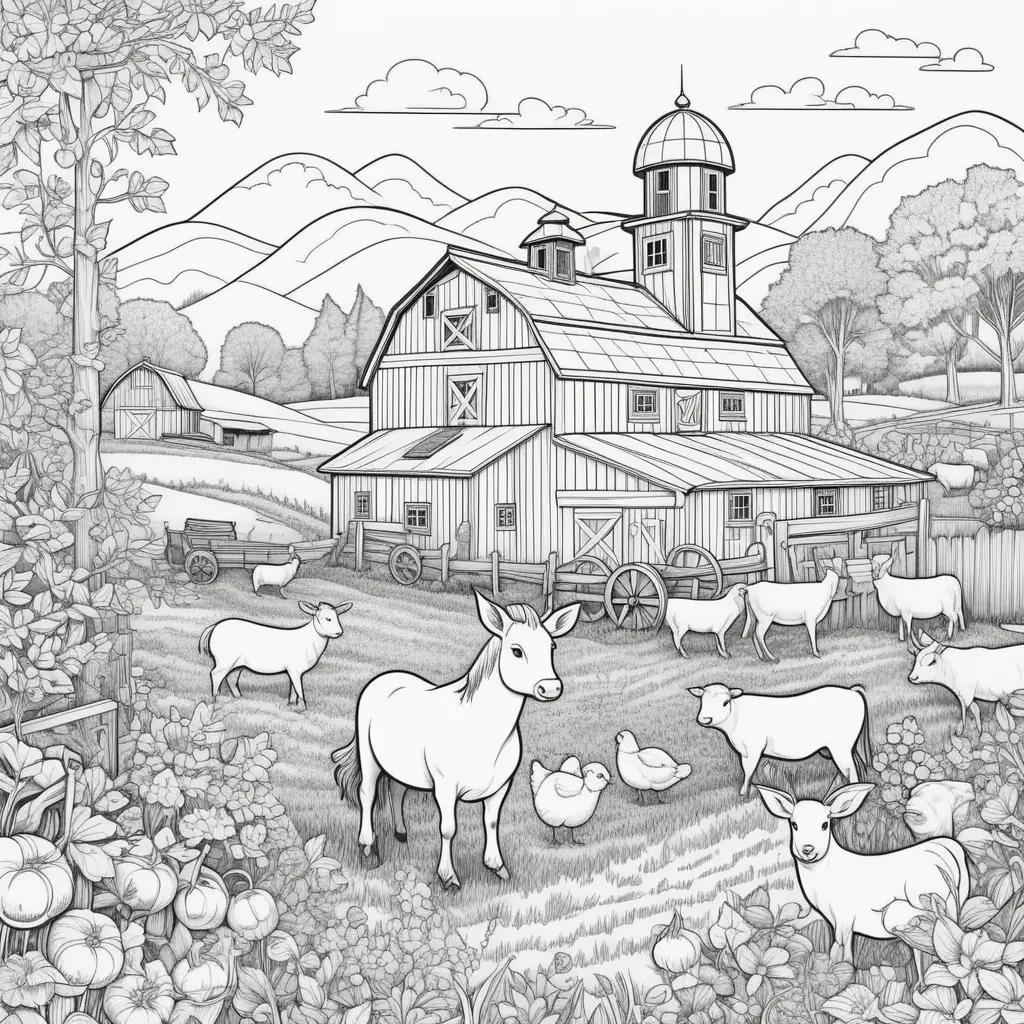 動物と農場の建物がある農場の白黒イラスト