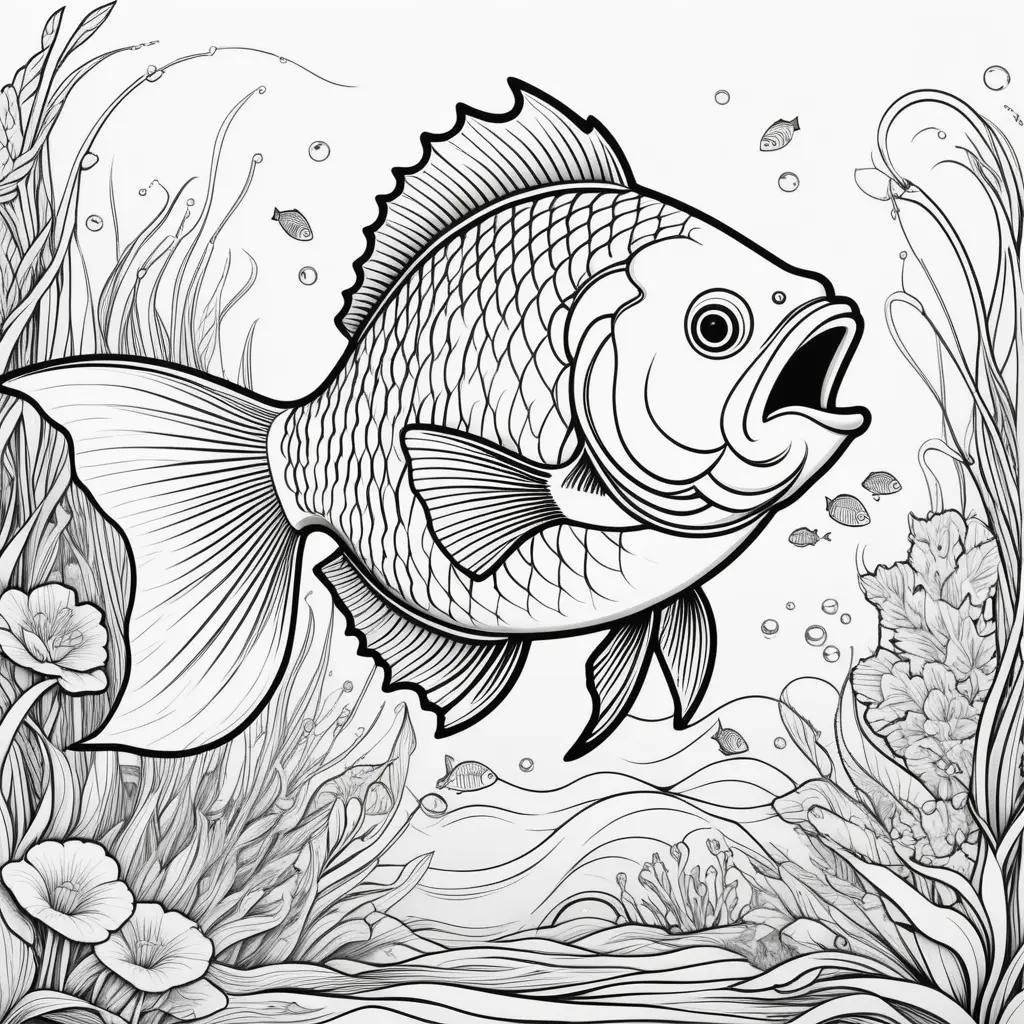 black and white illustration of a fish in a fishing net