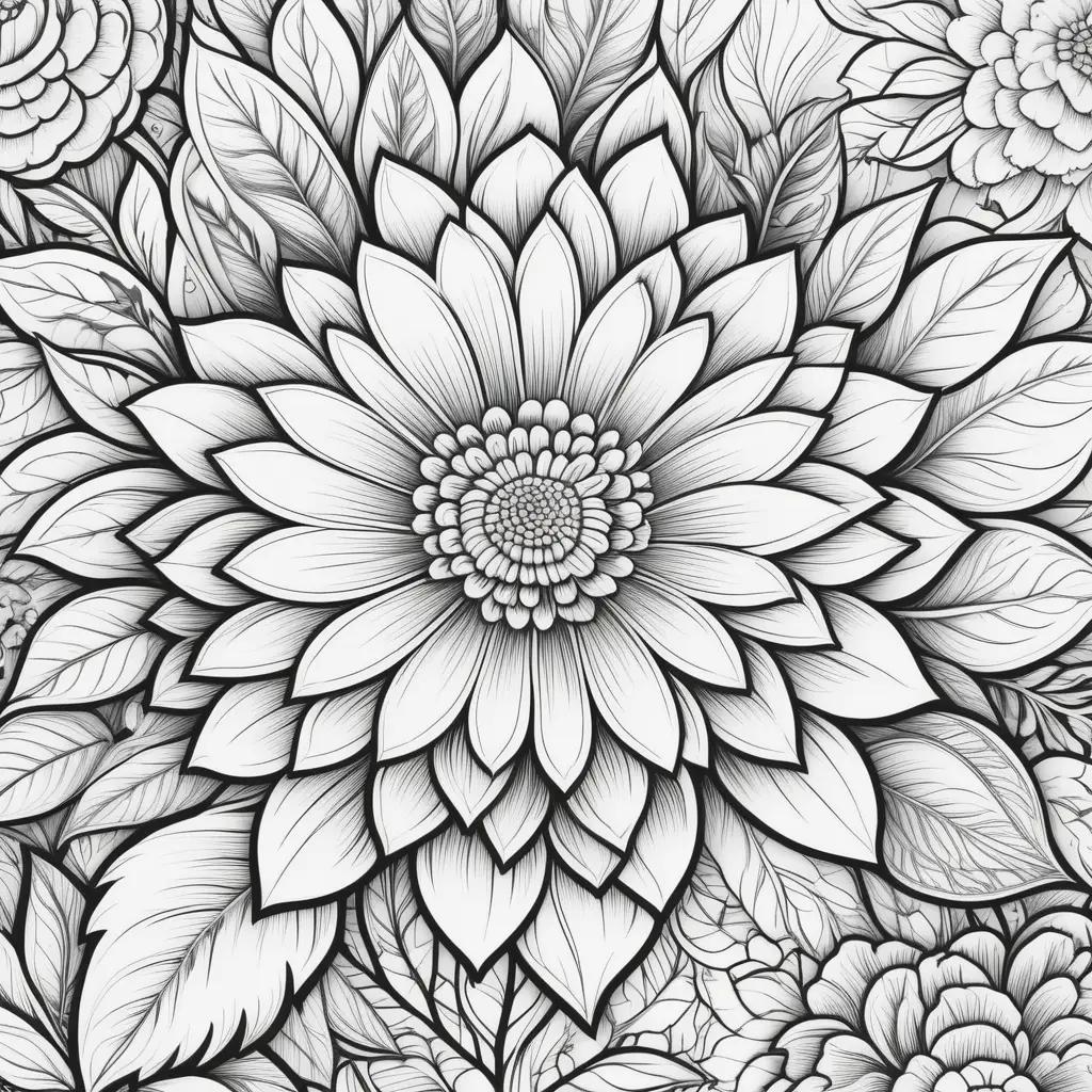 black and white illustration of a flower and leaves