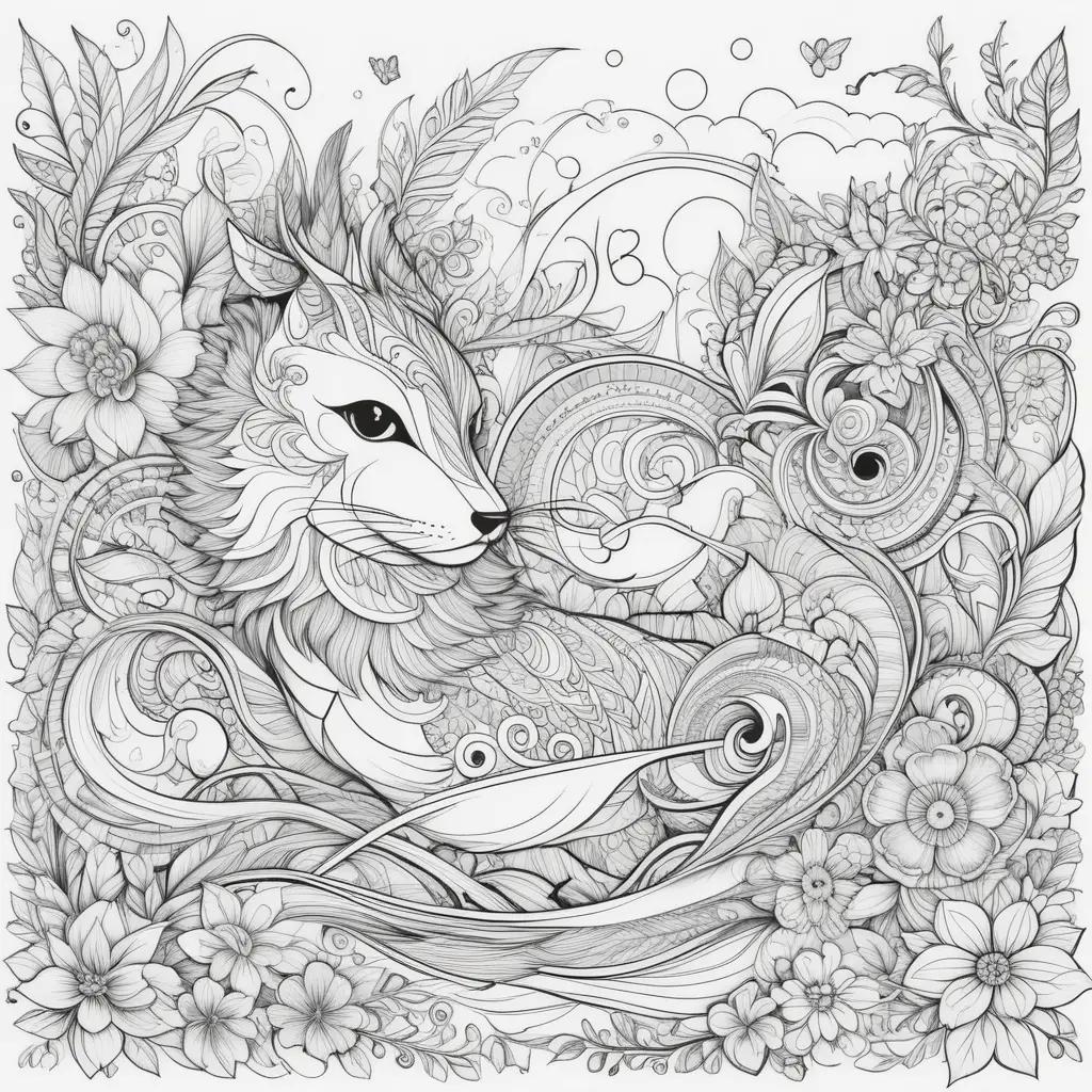 black and white illustration of a fox on a flower and leaf filled background