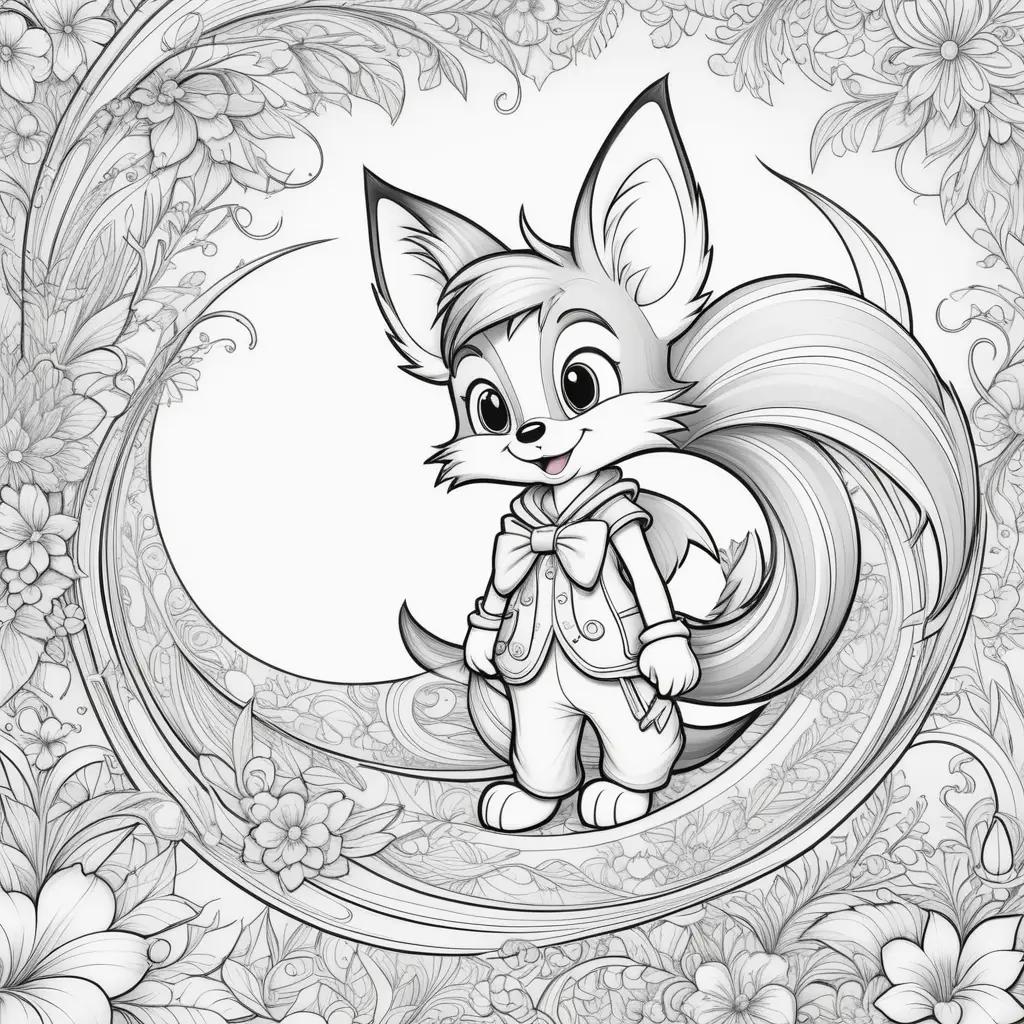 black and white illustration of a fox with colorful tails