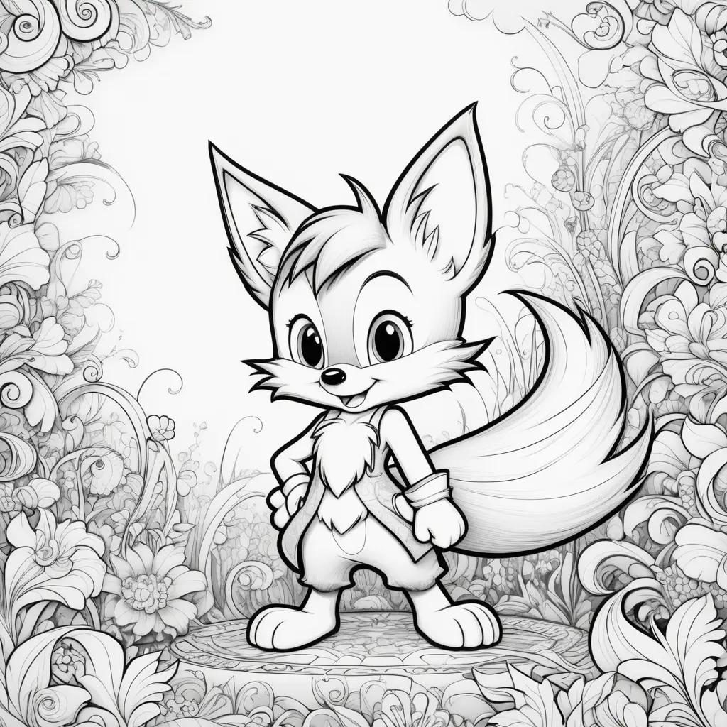 black and white illustration of a fox with colorful tails