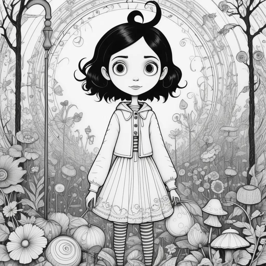 black and white illustration of a girl in a coraline color page