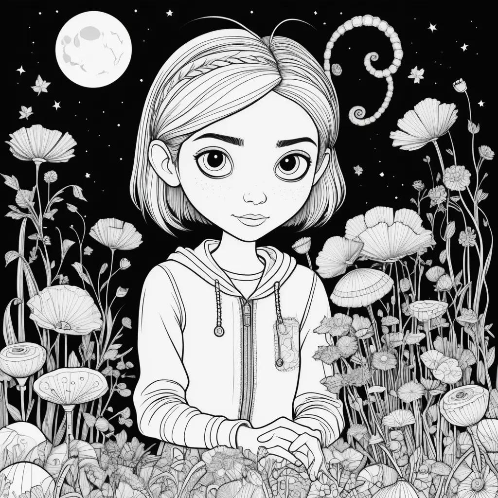 black and white illustration of a girl in a hoodie with flowers