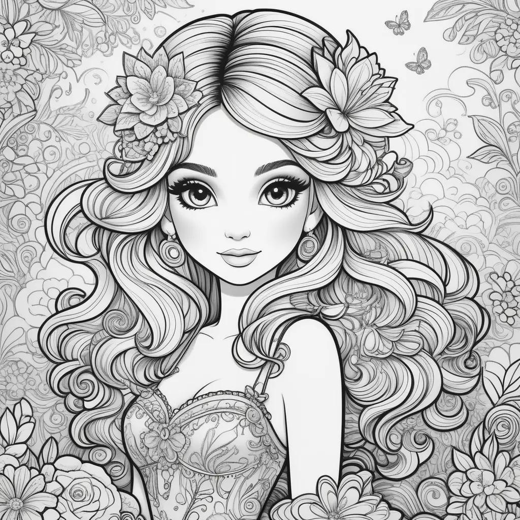 black and white illustration of a girl with flowers on her head