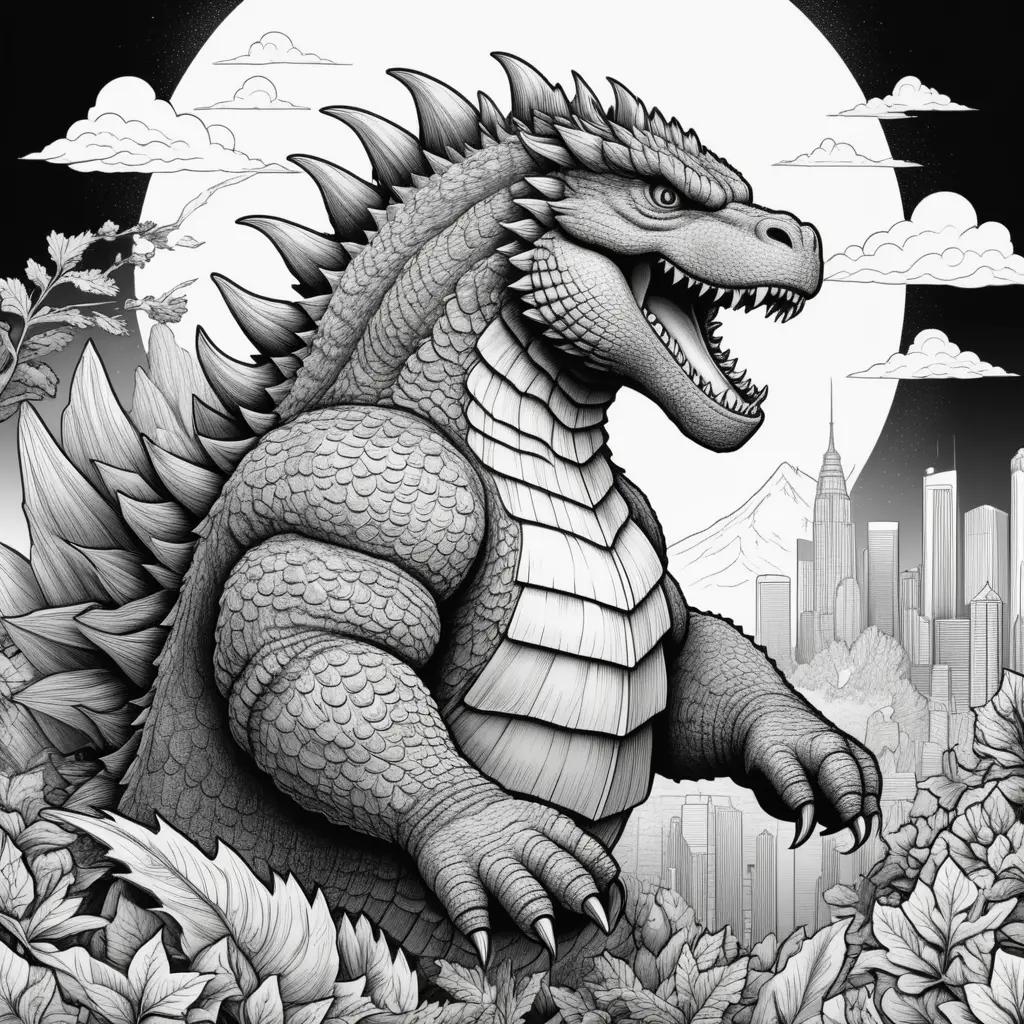 black and white illustration of a godzilla coloring page