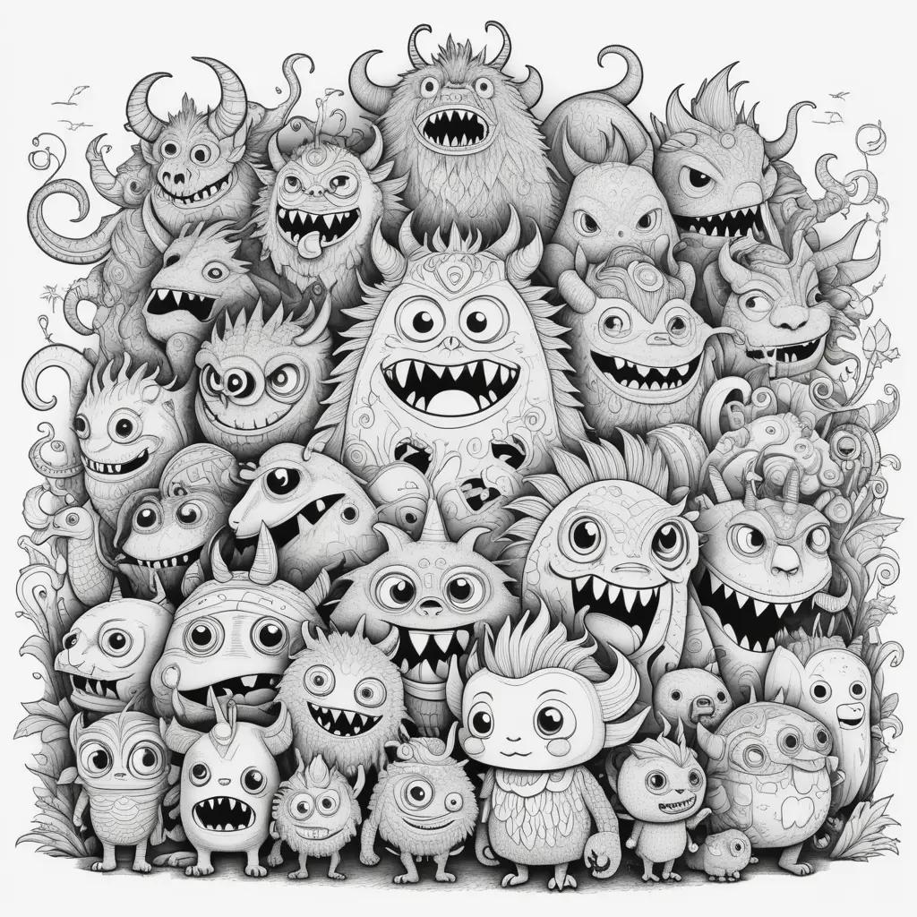 black and white illustration of a group of monsters