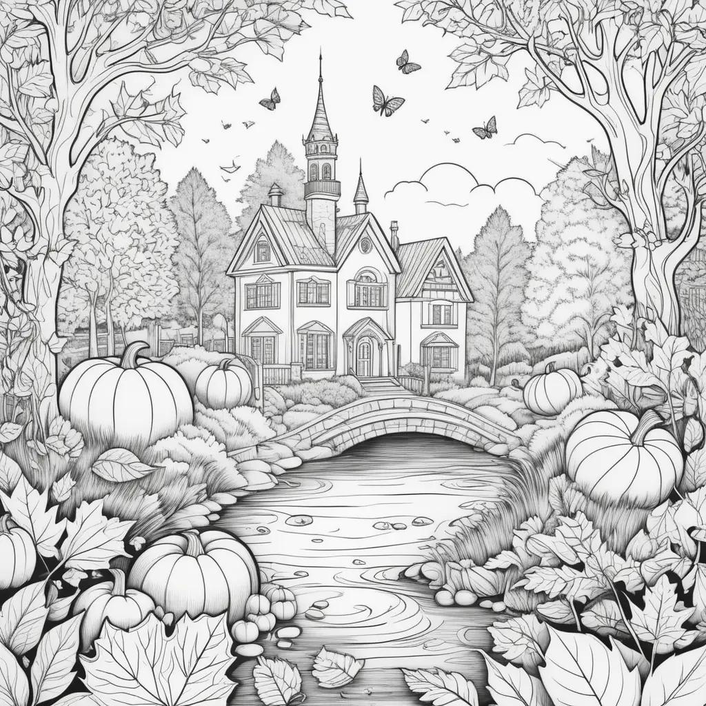 black and white illustration of a house, bridge, and pumpkins