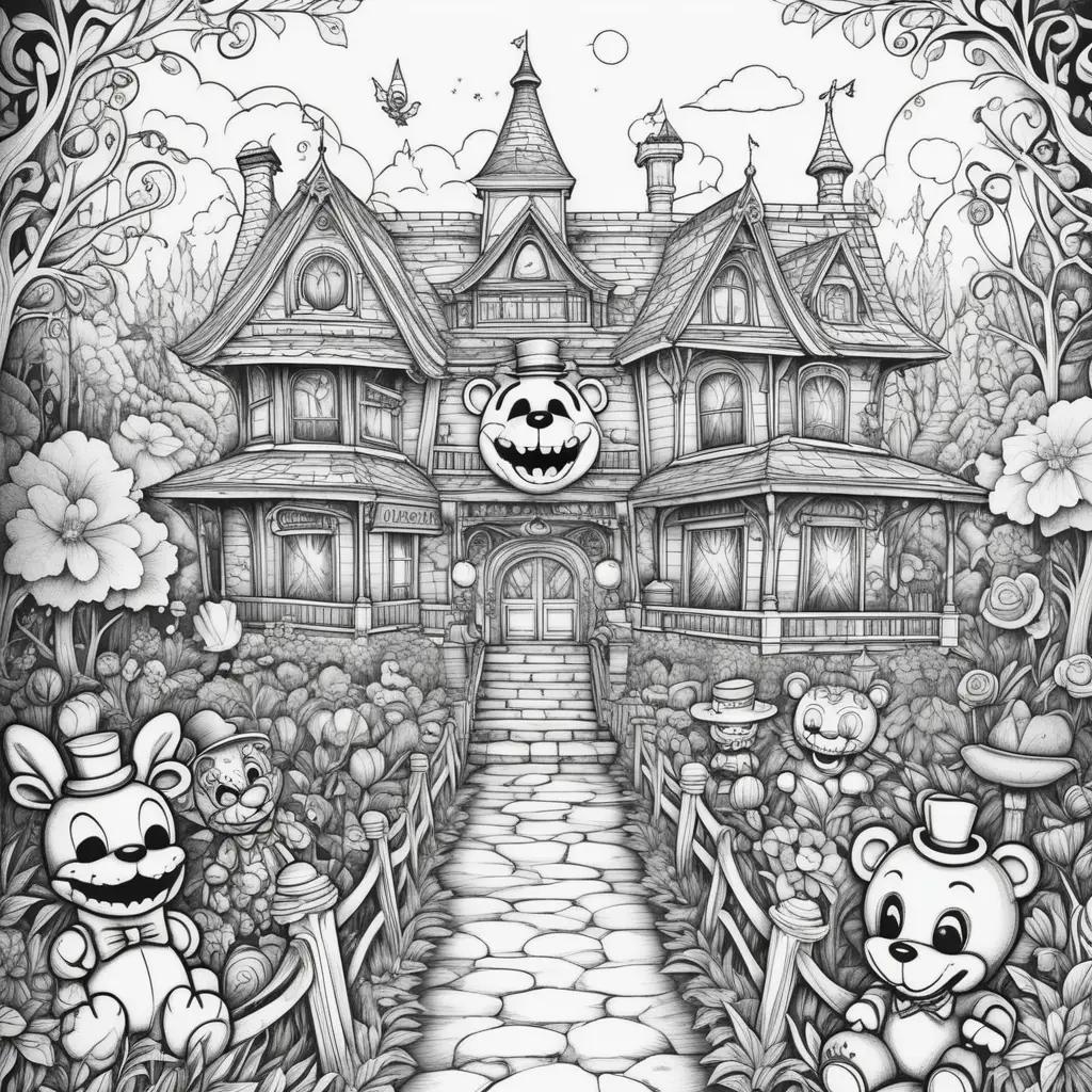 black and white illustration of a house and a bunch of creepy animals