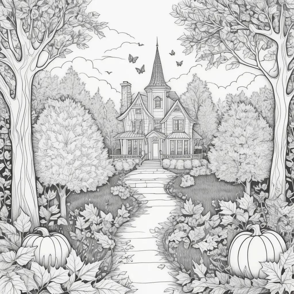 black and white illustration of a house and a path in a fall garden