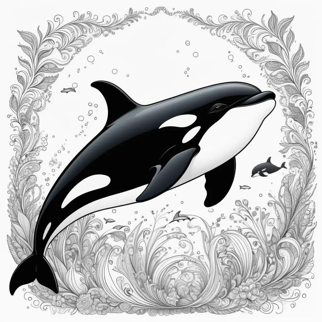 black and white illustration of a killer whale and fish