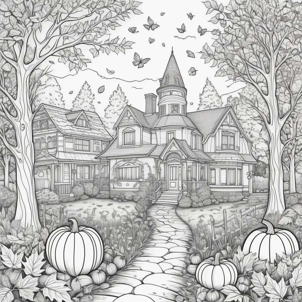 black and white illustration of a pumpkin and house