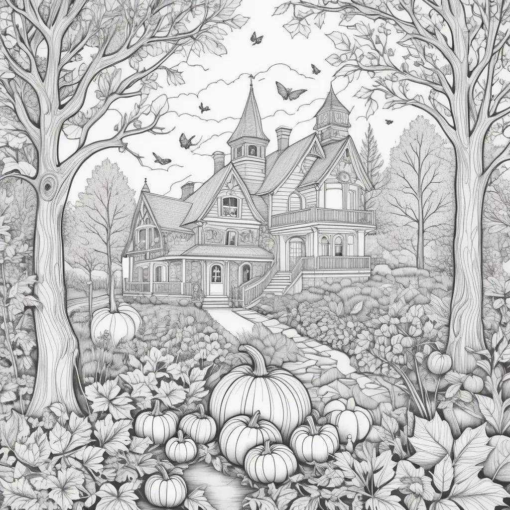 black and white illustration of a pumpkin patch